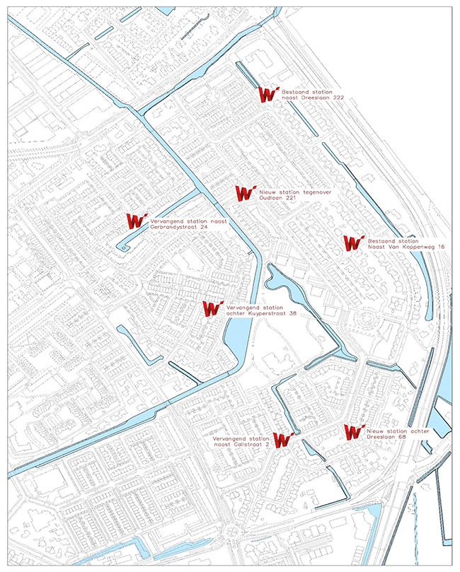 Locaties van de te plaatsen transformatorstations in de wijk Pijletuinen in Naaldwijk (kleinere afbeelding).